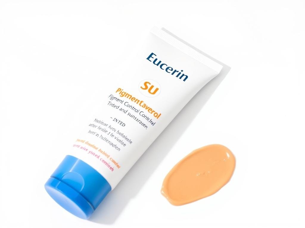 Embalagem do protetor solar Eucerin Sun Pigment Control Tinted com demonstração do produto