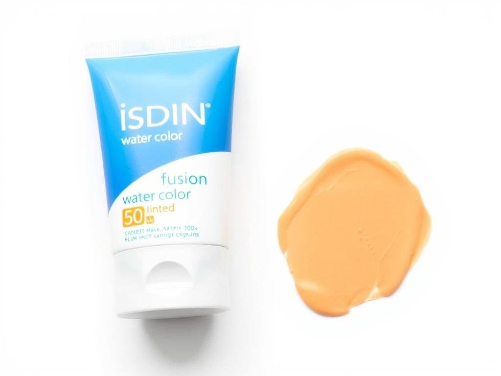Embalagem do protetor solar Isdin Fusion Water Color com amostra do produto